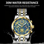 Blue and gold-tone skeleton men's watch with exposed mechanical movement, stainless steel band, and detailed dial, presented on a clean white background for product listing.