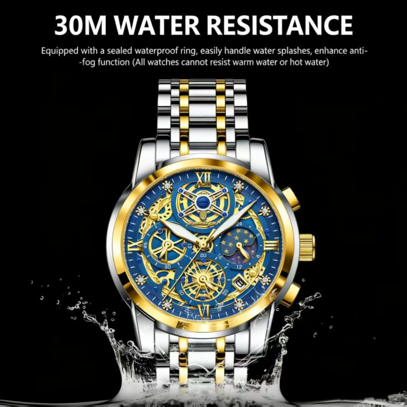 Blue and gold-tone skeleton men's watch with exposed mechanical movement, stainless steel band, and detailed dial, presented on a clean white background for product listing.