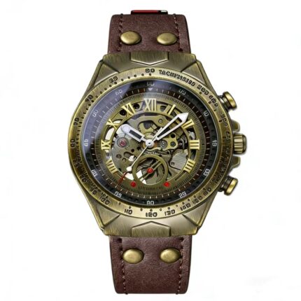 Men's Vintage Fashion Mechanical Watch – Business Skeleton Brass Wristwatch with Leather Strap