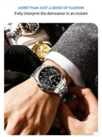 Luxury gold watch paired with formal black suit and white shirt, worn on wrist for business style