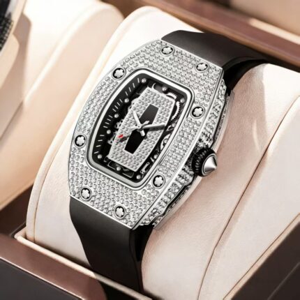 Luxury Iced Out Tonneau Watch for Women - Bling Diamond-Encrusted Silicone Strap Wristwatch