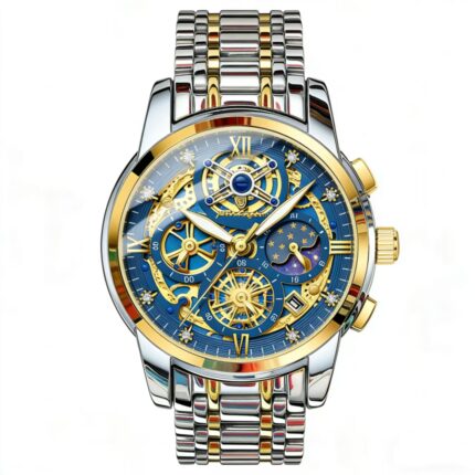 Blue and gold-tone skeleton men's watch with exposed mechanical movement, stainless steel band, and detailed dial, presented on a clean white background for product listing.