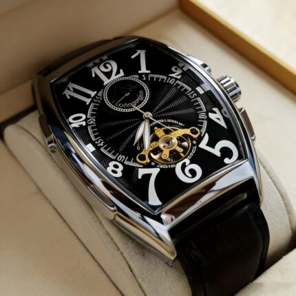 Men's Tonneau Skeleton Tourbillon Mechanical Watch with Moon Phase Display and Luminous Hands