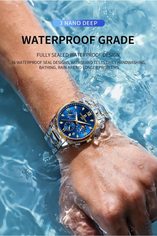 Trendy men's watch with blue dial and gold case, worn on wrist against water background