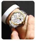 Luxury gold watch paired with formal black suit and white shirt, worn on wrist for business styl