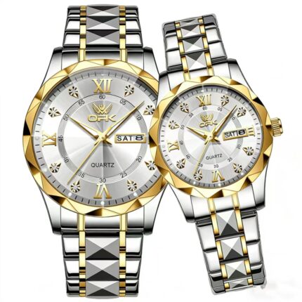 Two-tone gold and silver couple watches for men and women, classic luxury wristwatch pair
